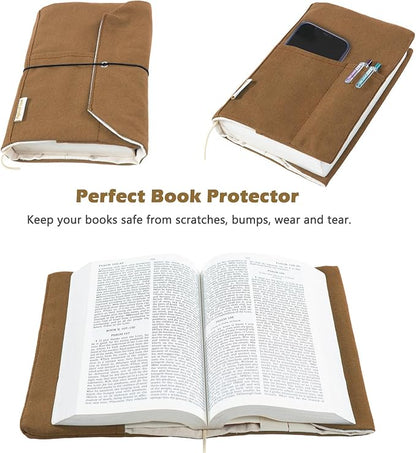 Canvas Book Covers, Washable Book Protector, Book Cover for Paperback Novels, Adjustable Book Cover for Hardcover with Pockets for Pen, Soft Cover Books, Book Lovers Gifts