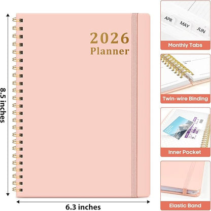 2026 Planner, Weekly and Monthly Calendar Planner, January 2026 - December 2026, Hardcover 2026 Calendar Planner Book with Tabs For Women & Men, Inner Pocket, Spiral Bound, Perfect for Office Home School Supplies - A5 (6.3" x 8.5"), Pink