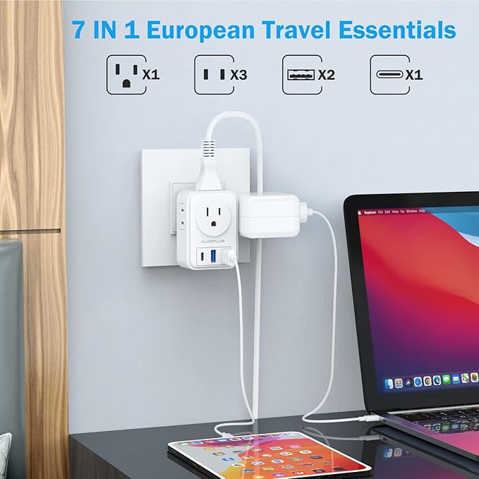 2 Pack European Travel Plug Adapter with USB C, US to Europe Power Adapters with 4 AC Outlets, 3 USB Charging Ports, International Plug Adapter, 7 in 1 Travel Essentials for Italy France Greece