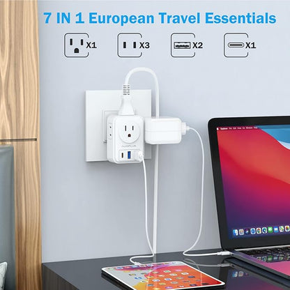 European Travel Plug Adapter, AUOPLUS International Power Plug Adapter with 3 USB Ports (1 USB C), 4 AC Outlets Cruise Ship Essentials for US to Most of Europe Spain Italy France Germany