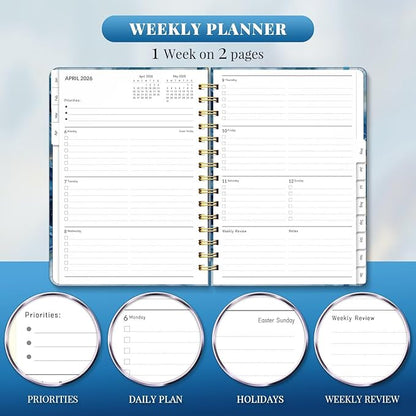 2026 Planner, A5 Weekly and Monthly Planners with Tabs, Spiral Bound Daily Calendar 2026 Planner, Agenda Organizers from Jan. to Dec., Hardcover Habit Tracker Journal 6.18" x 8.5"(Dark Blue)