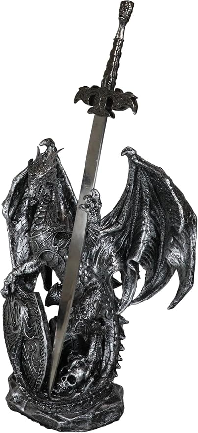 Ebros Gift Legendary Silver Coat of Arms Knight Dragon Holding Heraldry Plague Shield and Druid Sword Letter Opener Figurine Home and Office Decorative Sculpture Medieval Dungeons and Dragons Fantasy