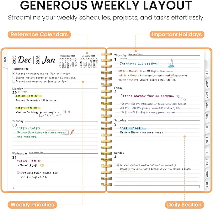 2026 Planner, Weekly and Monthly Calender Planner, Jan 2026 to Dec 2026, Hardcover 2026 Calendar Planner Book with Tabs & Inner Pocket, Office Home School Supplies for Women & Men - A5 (6.3" x 8.5"), Bright Orange
