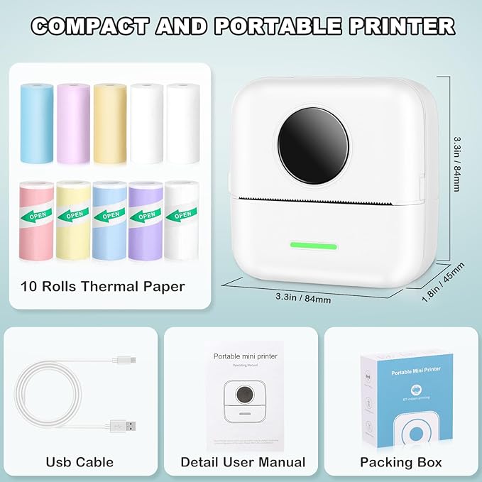 Mini Thermal Printer, Inkless Sticker Printer with 10 Rolls Printing Paper for Android or iOS APP, Portable Bluetooth Printer, Mini Pocket Printer for Journal, Notes, Kids Gift, Receipts