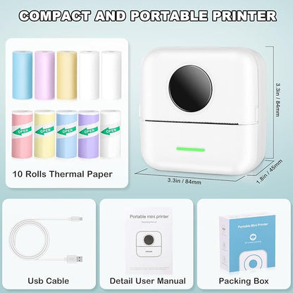 Mini Thermal Printer, Inkless Sticker Printer with 10 Rolls Printing Paper for Android or iOS APP, Portable Bluetooth Printer, Mini Pocket Printer for Journal, Notes, Kids Gift, Receipts