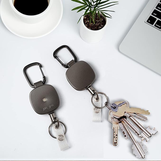 Will Well ID Badge Holder Reel with Clip and Keyring - Heavy-Duty All-Metal Casing with 27.5"UHMWPE Fiber Pull Cord for Durability and Easy Access, Holds up to 8 Keys - 2-Pack, Square, Matte Black