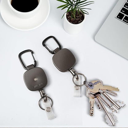 Will Well ID Badge Holder Reel with Clip and Keyring - Heavy-Duty All-Metal Casing with 27.5"UHMWPE Fiber Pull Cord for Durability and Easy Access, Holds up to 8 Keys - 2-Pack, Square, Matte Black