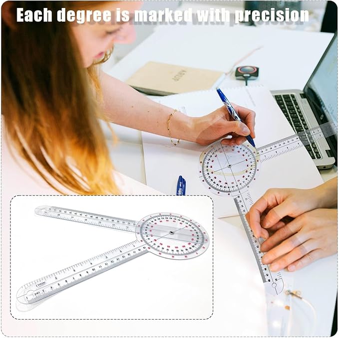 Goniometer 12 inch, Transparent Orthopedic Angle Ruler Plastic Goniometer, 360 Degree Clear Protractor Physical Therapy for Body Measuring Tape Goniometer Protractor Ruler