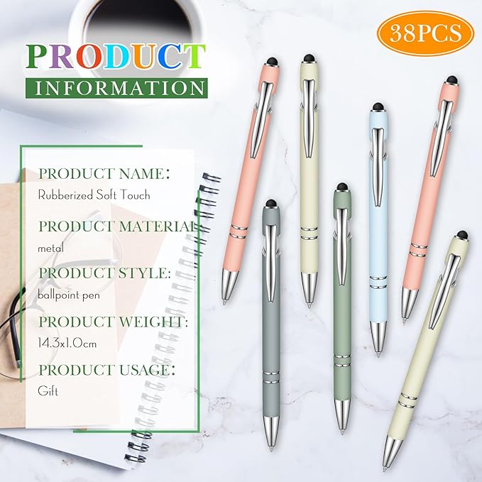 Zonon 38 Pieces Rubberized Ballpoint Pen with Stylus Tip Stylish Metal Pen Capactive Styli Pen with Soft Rubberized Grip, Black Ink Pen for Most Devices (Morandi Colors)