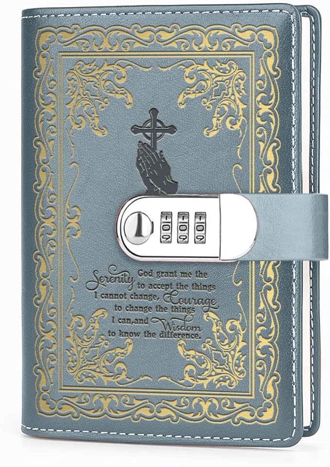 Bible Verse Gift God Grant Me The Serenity to Accept The Things A5 Locking Leather Journal Christian Gift Refillable Writing Notebook with Lock Password (God Prayer-Grey)
