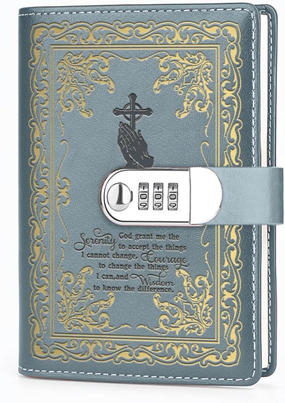 Bible Verse Gift God Grant Me The Serenity to Accept The Things A5 Locking Leather Journal Christian Gift Refillable Writing Notebook with Lock Password (God Prayer-Grey)