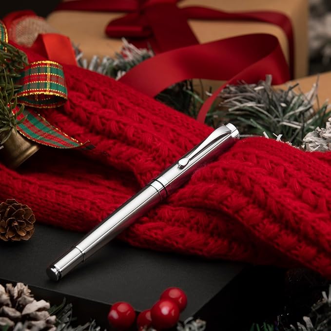 BEILUNER Silver Ballpoint Pens, Stainless Steel Body, Smooth Writing Experience, Dishwasher Safe, Gift Box with Extra Refill