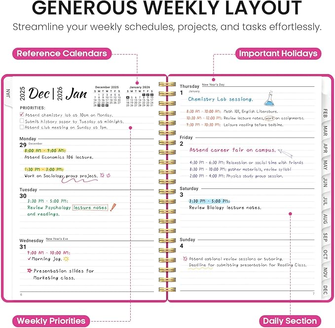 2026 Planner, Weekly and Monthly Calender Planner, Jan 2026 to Dec 2026, Hardcover 2026 Calendar Planner Book with Tabs & Inner Pocket, Office Home School Supplies for Women & Men - A4 (8.5" x 11"), Fuchsia Pink