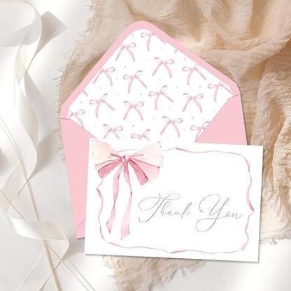 Whaline 24 Pack Pink Bow Thank You Cards Coquette Bow Greeting Cards with Envelopes Stickers Blank Note Cards for Wedding Bridal Baby Shower Birthday, 4 x 6 Inch