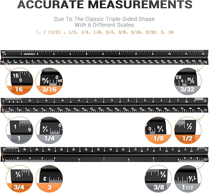 12" Architectural Scale Ruler Aluminum Architect Scale Triangular Scale Ruler for Architects, Draftsman, Students and Engineers, Black
