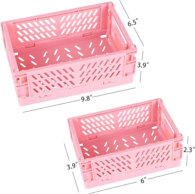 Tixill 2-Pack Mini Foldable Plastic Baskets for Organizing and Storage, Collapsible Storage Crate for Home Kitchen Bedroom Bathroom Office (5.9x3.8x2.2, Pink)