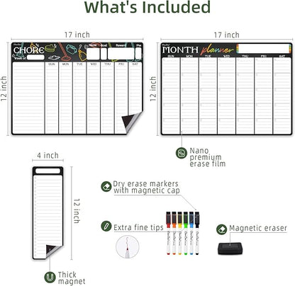 Magnetic Dry Erase Chore Chart & Monthly Planner - 17x12 Chore Chart & Monthly Calendar - 4"x12" List Pad - 6 Extra Fine Point Markers Included - Shipped Flat