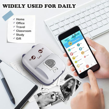 Mini Printer, Mini Printer with Stickers, Portable Inkless Thermal Printer with 10 Rolls Paper, Study Printer for Notes, Journal, DIY, Kids Gift, Compatible with Android & iOS