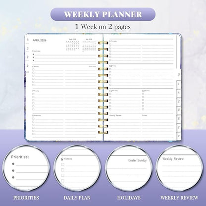 2026 Planner, A5 Weekly and Monthly Planners with Tabs, Spiral Bound Daily Calendar 2026 Planner, Agenda Organizers from Jan. to Dec., Hardcover Habit Tracker Journal 6.18" x 8.5"(Blue Marble)