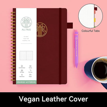 Alltree Spiral Graph Notebook Journal, Leather Hardcover Graph Notebook for Work, Twin Spiral Grid Notebook with Pen Loop, Pocket, 160 Pages, Journal for Women & Men, Burgundy(6"x8.5")