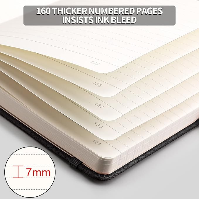 AHGXG Thick Journal Lined Notebook - 320 Numbered Pages Journal for Writing A5 Notebook College Ruled, 100gsm Lined Paper, Leather Hardcover, for Women Men Work Office School, 5.75'' X 8.38''-Black