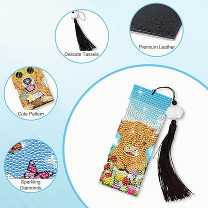 Anseal 3 Pcs Diamond Art Bookmarks for Book Lovers, Spring Summer PU Leather Aanimal Print Diamond Crafts Bookmarks for Women Girls, Tassel Beaded Book Mark for Graduation Birthday Reading Present