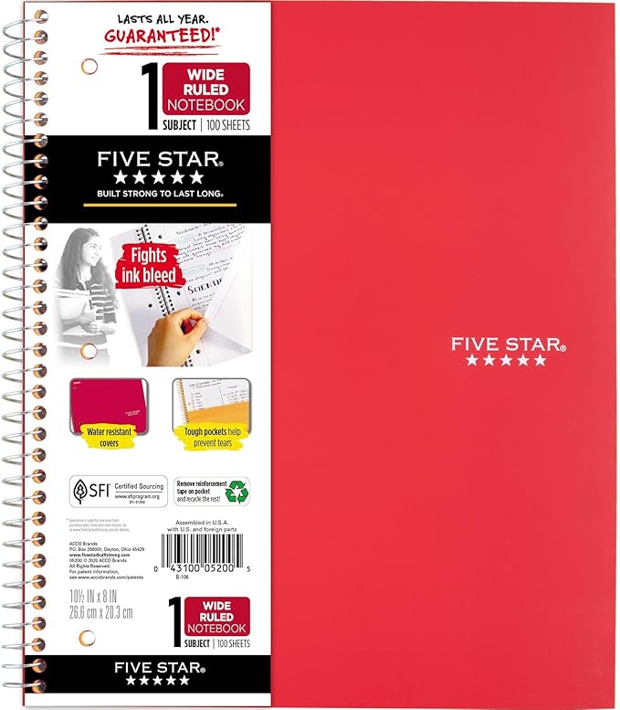 Five Star Spiral Notebook, 1 Subject, Wide Ruled Paper, 10-1/2" x 8", 100 Sheets, Assorted Colors, Color Will Vary, Office Product , 1 Count (05200)