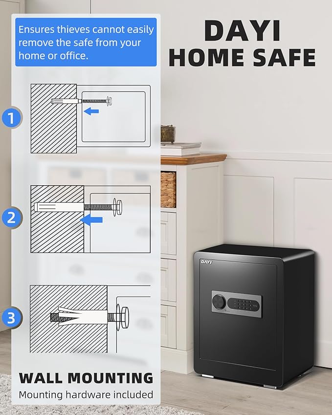 DAYI Safe Box, 2.0 Cubic Feet Home Safe with Fireproof Waterproof Bag, Security Safe Box for Money Cash Valuables, Digital Electronic Keypad, Dual Alarm System, Removable Shelf - D-45