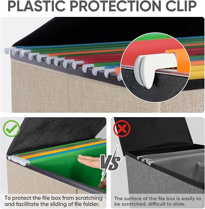 BALEINE File Organizer Box with Lid, Collapsible File Folder Organizer with Plastic Slide, Hanging File Folder Box for Office Document Storage (2 Pack, Beige)