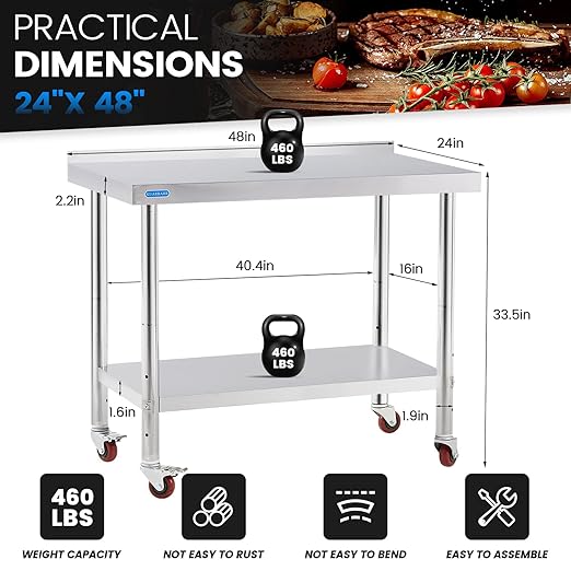 Stainless Steel Table for Prep & Work with 4 Caster Wheels with Backsplash 24 x 48 NSF Metal Commercial Kitchen Adjustable Under Shelf Worktable for Restaurant Home Outdoor