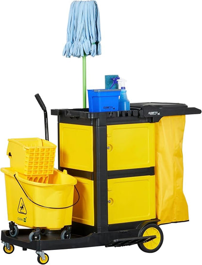 Restaurantware-Clean Tek Professional 3-Shelf Janitor Cart with Wheels, 1 Cleaning Trolley with Cover and 21 Gallon Bag - Includes 1 Double Locking Cabinet, Heavy-Duty, Gray Plastic Janitorial Cart