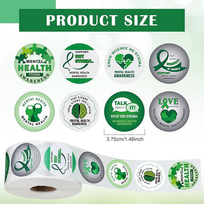 1000 Pieces Mental Health Awareness Stickers Small Green Ribbon Awareness Stickers Mental Health Gifts for Adult Women Men Teens Kids Fundraiser Event Mental Health Handout Supplies, 8 Styles
