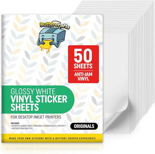 Printable Vinyl - Sticker Paper for Inkjet Printer (50 Sheets, 8.5" x 11", Anti Jam) - Glossy Printable Sticker Paper - Inkjet Printable Waterproof Sticker Paper - Make Labels and Decal