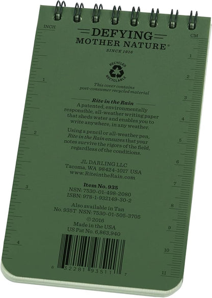 Rite in the Rain Weatherproof Top Spiral Notebook, 3" x 5", Green Cover, Universal Pattern, 3 Pack (No. 935-3X)