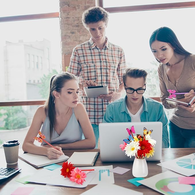 Zhanmai 24 Pieces Sunflower Butterfly Ballpoint Pens, Faux Flower, 0.5mm-0.7mm, Gel Ink, Plastic and Silicone, Multi-Purpose, Suitable for Home, School, Office, Party Decorations