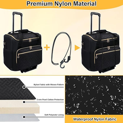 Rolling Teacher Tote Bag with Detachable Trolley, Wheeled Teacher Bag with 15 Inch Laptop Compartment, Soft Nylon Multifunctional Tote Bag with Wheels for Teaching& Office Supplies (Black)