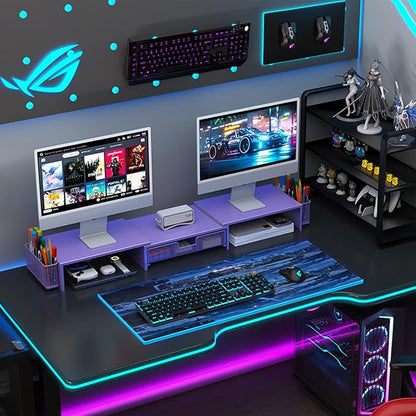 gianotter Dual Monitor Stand Riser, Desk Organizer With Drawer and 2 Pen Holders, Desk Organizers and Accessories, Purple Office Decor (Purple)