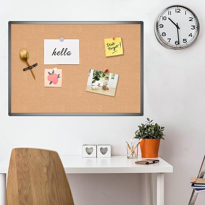 VIZ-PRO Cork Notice Board, 36 X 24 Inches, Cork Bulletin Board with Black Aluminium Frame