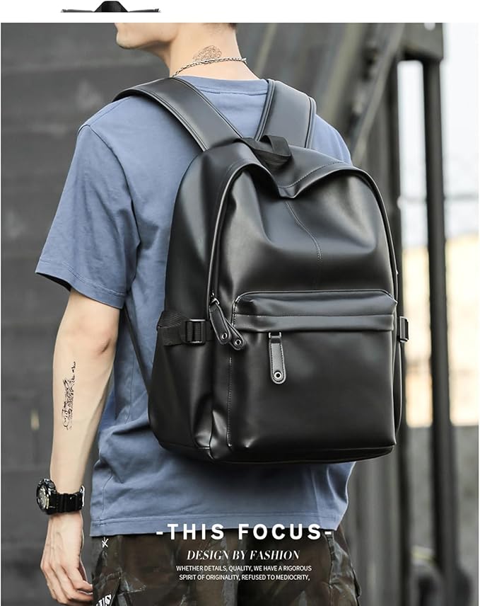 Pu Leather Laptop Backack For Men Women Classic Water-Resistant Purse Airplane Travel Backpacks Work Business Bag Black