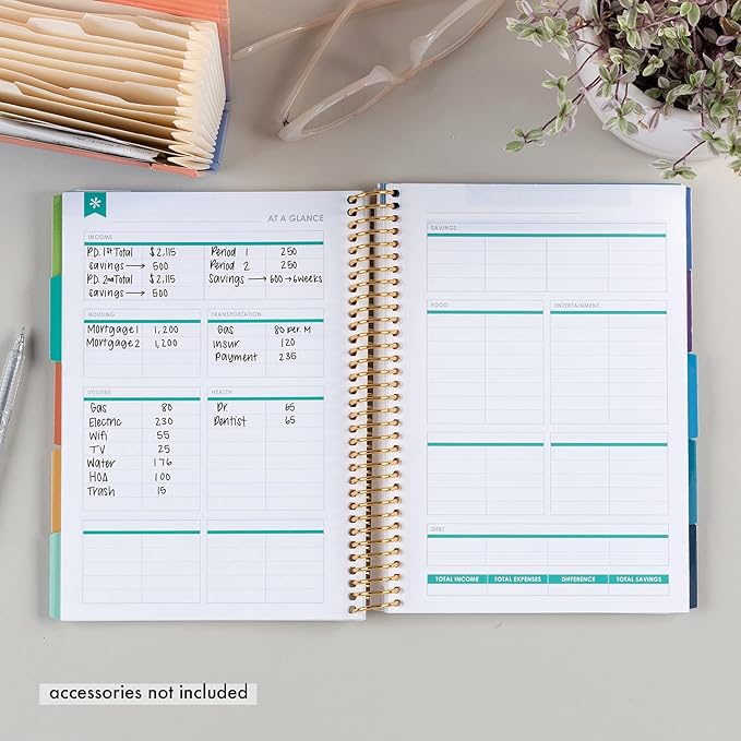 A5 Spiral - Bound Budget Planner. Savings Tracker, 72 Month-At-A-Glance Pages and 4 Pages of Debt Trackers. 13 Tabs. 160 Pages of Thick 80 Lb. Paper. Sticker Sheet Included by Erin Condren.