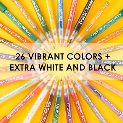 Grabie Acrylic Paint Pens - 28 Color Extra Fine Tip Markers for Painting Various Surfaces - Premium Art Supply Set