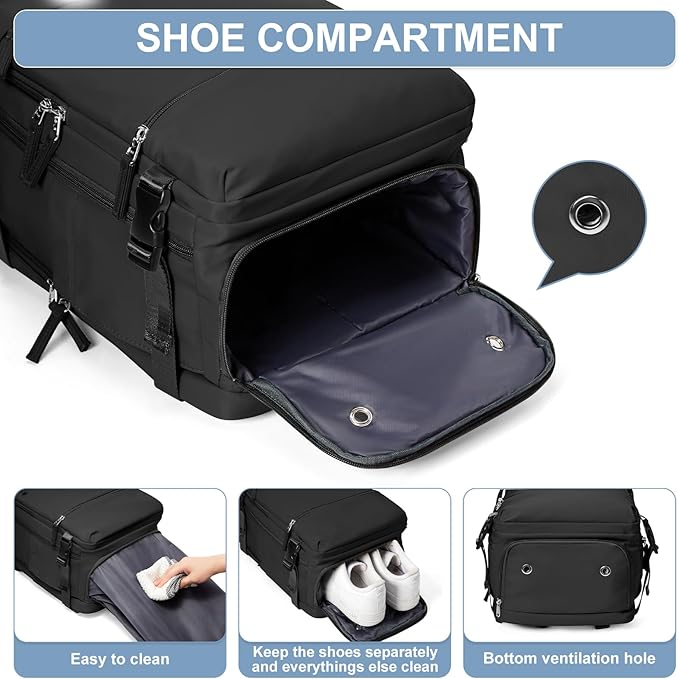 Travel Backpack Simple Durable Carry On Backpack with Shoe Compartment, Personal Item Travel Bag Flight Approved, Water Resistant Laptop Backpack for Women Men Weekender Business, Black