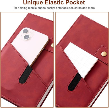 A5 Leather Journal Notebook with Pen, 200 Pages Hardcover Journal with Pocket, 100gsm Thick Lined Paper Daily Diary for Men and Women, Great Gift for Business School Travel Personal - Red