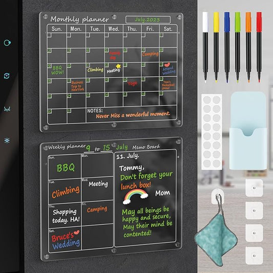 Magnetic Acrylic Calendar for Fridge,2 Pack 12"x16" Clear Fridge Calendar Dry Erase Magnetic Planning Boards Set Includes 6 Colorful Highlight Markers,Magnetic Pen Holder and Erase Towel