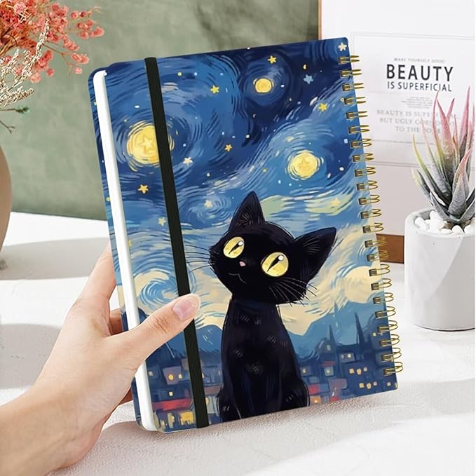 Spiral Notebook - A5 Spiral Notebooks, 8.3'' × 5.8'', 160 Pages, Aesthetic Journaling Notebooks for Women, College Lined Notebook with Elastic Closure, Back Pocket, for School Office, Cat Sky