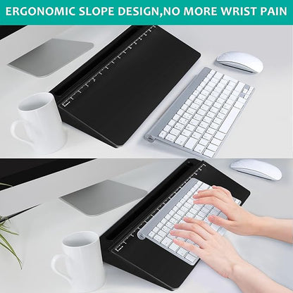 Desk Whiteboard Dry Erase Glass Whiteboard with 15“ Ruler Marker,Tilted Notepad Computer Keyboard Stand with Black Dry Erase Board Surface, Desktop White Board to-do List Memo Notepad,Black