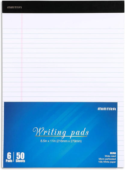 Mintra Office Legal Pads, ((xBasic, 8.5in x 11in, Wide (White), 36pk (6-6pks)), 50 Sheets per Notepad, Micro perforated Writing Pad, Notebook Paper for School, College, Office, Work