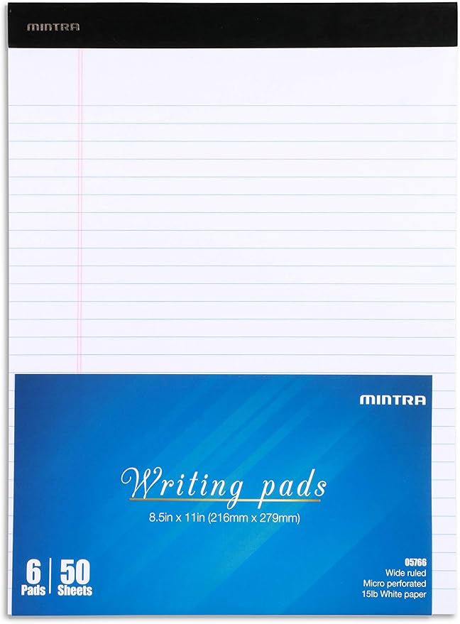 Mintra Office Legal Pads - ((BASIC WHITE 6pk, 8.5in x 11in, WIDE RULED)) - 50 Sheets per Notepad, Micro perforated Writing Pad, Notebook Paper for School, College, Office, Business