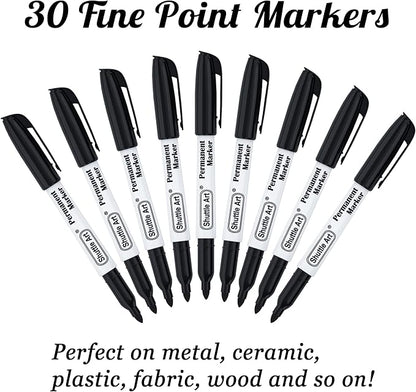 Shuttle Art Permanent Markers, 30 Pack Black Permanent Marker set,Fine Point, Works on Plastic,Wood,Stone,Metal and Glass for Doodling, Marking