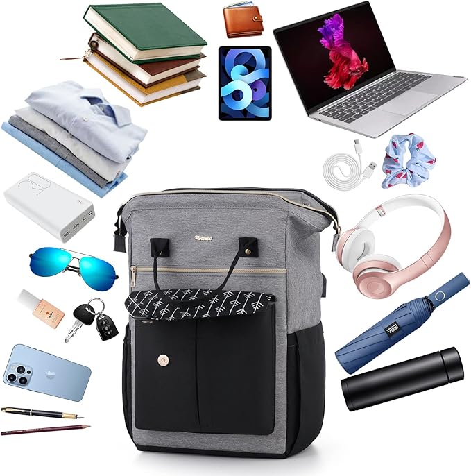MOMUVO Laptop Backpack for Women Laptop Bag with USB Port, Student Bookbag Water Resistant Backpacks Teacher Doctor Nurse Work Backpack Stylish Travel Bags, Fits 17-Inch Laptop Grey Black